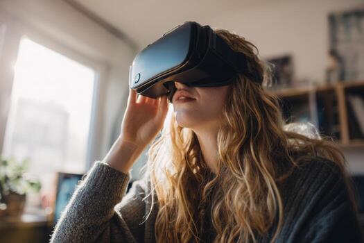 A student engages with a virtual reality headset in a cozy home environment, immersed in an online education program while sunlight filters through a window photo