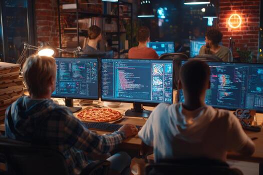 A group of engineers works late into the night testing software in a cramped home workspace. Multiple monitors display code and data, while pizza boxes hint at long hours spent together photo