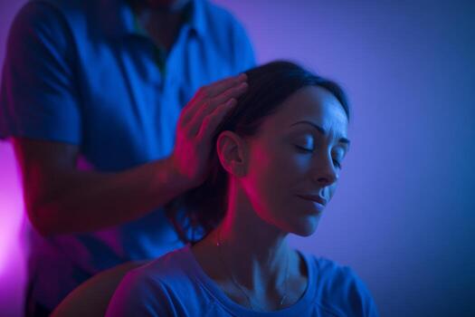 In a dimly lit room, a therapist gently assists a patient in a progressive muscle relaxation exercise, creating a serene environment accompanied by soothing background music photo