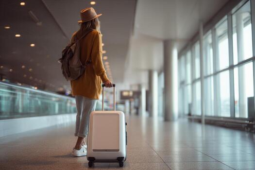 A traveler stands in a spacious airport terminal, pulling a smart suitcase equipped with built in tracking and weight sensors. Daylight streams through the large windows photo