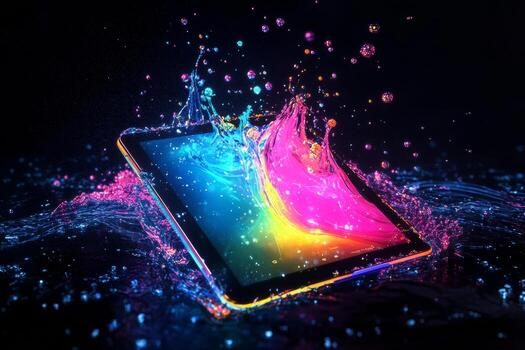 A tablet elegantly transitions into a luminous liquid, surrounded by swirling particles that glow in vivid colors, creating an enchanting atmosphere full of visual splendor photo