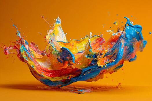 Vivid splashes of paint in various colors burst into the air, forming a lively abstract display against a warm orange backdrop. The motion captures the essence of creativity photo
