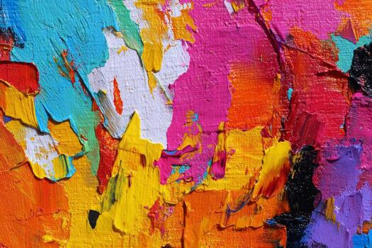 Abstract artwork displays a dynamic mix of colors including pink, yellow, and blue, highlighting the artists unique style and technique during the creative process photo