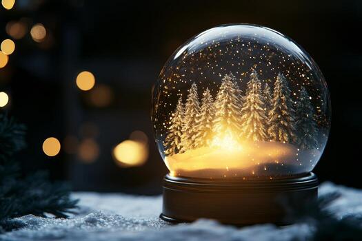 Intricate winter snow globe showcases illuminated pine trees and soft snow, radiating warmth against a striking black background, creating a serene winter atmosphere photo