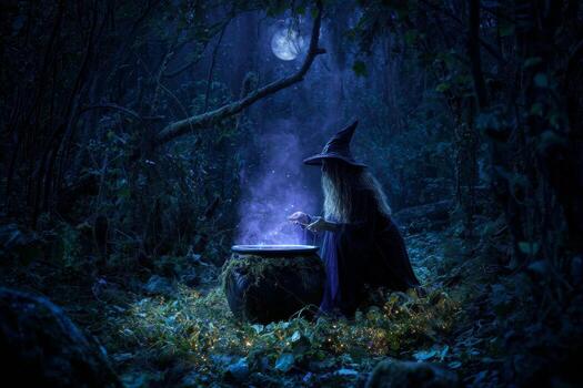 In a forest clearing illuminated by a full moon, a witch focused on her craft stirs a bubbling cauldron filled with a magical potion, surrounded by vibrant, glowing herbs photo