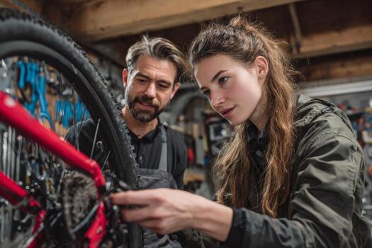 In a well equipped workshop, a young woman attentively examines the gears of a red bicycle while receiving guidance from an experienced mechanic. They focus on enhancing skills photo
