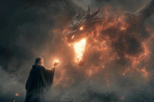 A powerful wizard stands confidently, summoning a massive dragon from a swirling storm of fire and lightning. Sparks fly as the mythical creature emerges, casting an ethereal glow photo