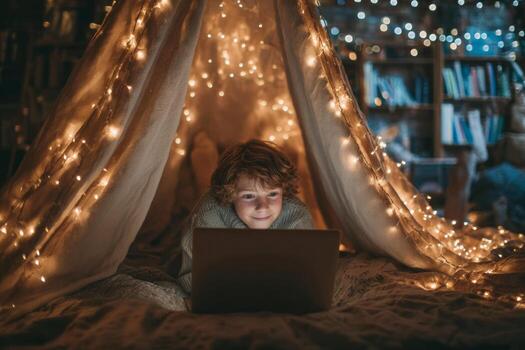 Under a blanket fort adorned with fairy lights, a young student is engaged in an online storytelling session, delighting in the magical experience in a cozy setting photo