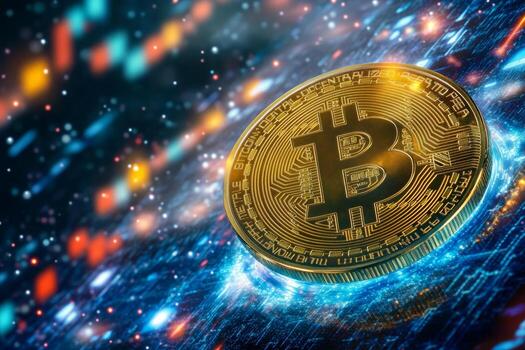 Complex patterns and vibrant colors surround a Bitcoin coin that is central to a holographic financial system, reflecting a futuristic vision of digital currency photo