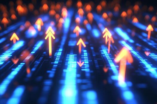 Abstract representation of financial data with vibrant glowing streams and arrows pointing upward, symbolizing growth and trends in the digital economy. Captured in high resolution photo