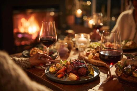 Enjoying a warm and inviting dinner by the fireplace, guests savor hearty meals while sipping red wine under soft glow of candlelight. A perfect evening atmosphere filled with warmth and connection photo