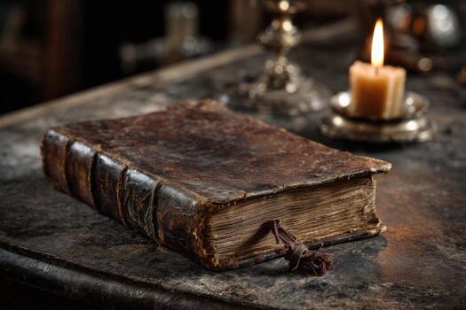 A leather bound book sits open on a weathered table, illuminated by the soft glow of a nearby burning candle. The warm ambiance invites quiet reflection or contemplation of old stories photo