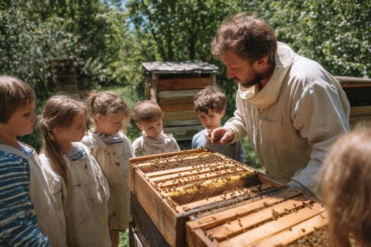 A group of children gathers around a beekeeper in a vibrant garden. The beekeeper demonstrates honey extraction by showing them a honeycomb filled with bees, fostering their interest in nature photo