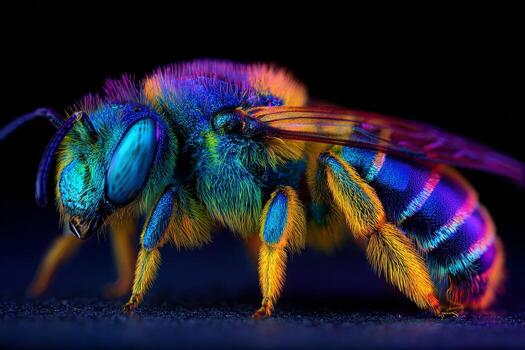 A brightly colored bee is captured in a detailed close up, highlighting its vivid body and unique patterns against a dark background. The intricate features and textures are clearly visible photo