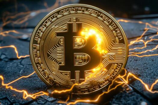 A bitcoin coin is cracked open, emitting a vibrant, glowing energy that represents the blockchain within. This creative portrayal emphasizes innovation and the future of digital currencies photo