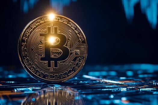 Glowing Bitcoin symbol illuminates a high tech digital globe set against a dark blue background. The visual represents the rise of cryptocurrency in a digital economy photo