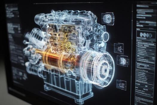 Close up view of a rotating 3D model displaying a car engine on a computer screen, showcasing technical annotations and intricate design details in high resolution photo