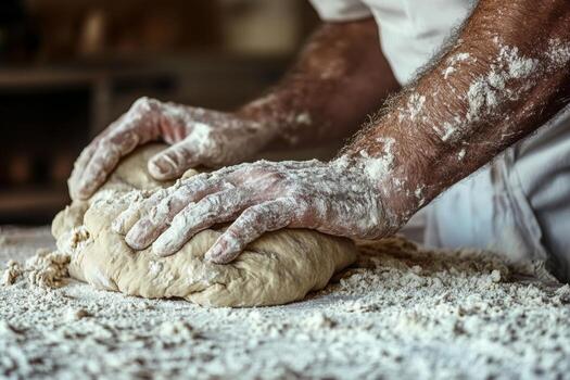 A skilled baker is engaged in kneading dough using both hands on a floured surface in a cozy kitchen. Flour dust creates an artistic texture around the baker, showcasing the craft photo