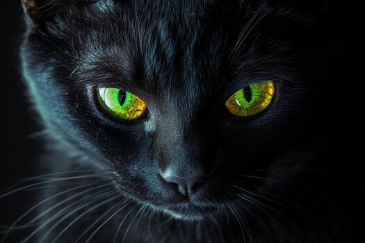 In a striking close up, a black cat gazes intensely with glowing green eyes, showcasing its features against a dark background and illuminated by dramatic lighting, creating a captivating effect photo