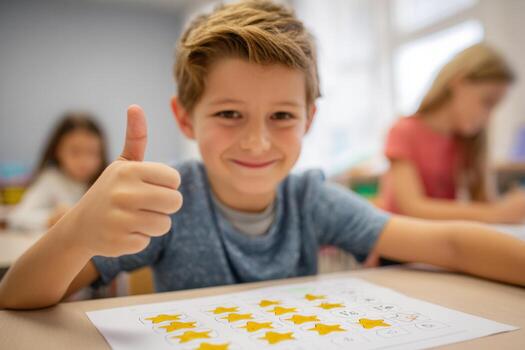 Close up view captures a boy in a classroom, displaying a gold star sticker on his math worksheet with a joyful smile. Classmates are seen working in the background photo