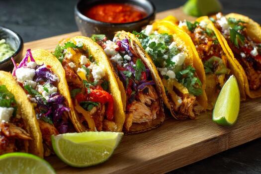 cerca arriba ver de un vibrante taco plato exhibiendo un formación de sazonado rellenos, adornado con cilantro y Lima porciones. picante salsa agrega extra deleite a el monitor foto