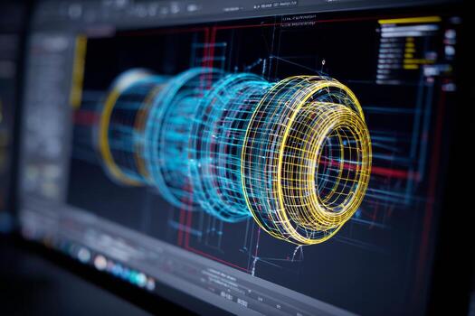 Close up of a computer screen showcasing advanced 3D modeling software with a detailed rotating wireframe of a mechanical component in crystal clear resolution photo