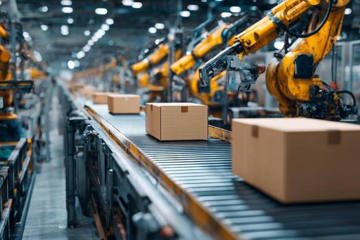 Conveyor belt carries boxed finished goods while robotic arms operate in the background, epitomizing modern manufacturing automation and efficiency in factory operations photo