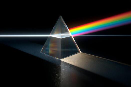 A glass prism sits on a surface as light passes through it, bending into a vivid rainbow spectrum. The scene is set against a dark background, enhancing the colors photo