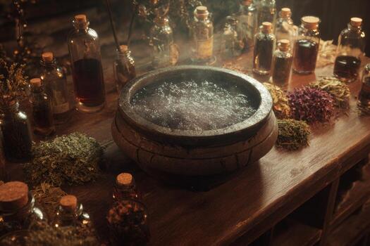 A wooden table is covered with various glass bottles filled with colorful liquids. A large pot simmers with bubbling contents. Dried herbs and plants surround the pot, creating a magical atmosphere photo