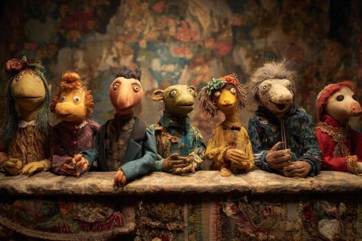 Various handmade puppets with distinct features and attire sit on a bench in an art studio. The setting has a vibrant backdrop that highlights their creative details photo
