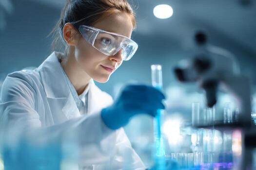 A scientist in a lab coat and protective goggles focuses on a test tube filled with a colored liquid photo