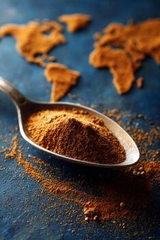 A silver spoon holds a vibrant spice blend, placed against a dark surface with a map of the world made from spices. This scene showcases the connection between cuisine and geography photo