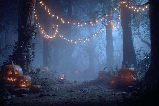 A dark forest path illuminated by string lights and carved pumpkins. Eerie shadows create a Halloween atmosphere as trees loom in the background amidst fog photo
