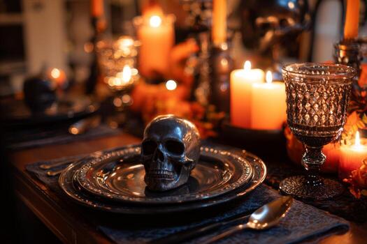 A dark and atmospheric dining table features flickering candles, a silver skull centerpiece, and rich autumn decorations, creating an eerie yet inviting scene for a gathering photo