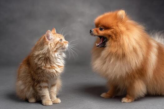 A fluffy orange cat stares curiously at a loud pomeranian dog in a studio setup. The dog appears to be playfully barking, creating an amusing scene between the two animals photo