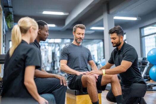Fitness trainers provide guidance to a man as he performs exercises on a platform in a busy gym. The atmosphere is energetic and supportive, promoting teamwork photo