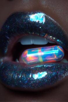 Lips covered in sparkling gloss part to reveal a vibrant, iridescent capsule. The lighting emphasizes the glossy texture and colorful patterns of the capsule, creating an eye catching scene photo
