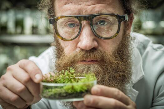 A researcher in a lab coat studies a small dish containing various plant samples. The scene highlights a focus on plant biology and environmental science in a modern lab environment photo