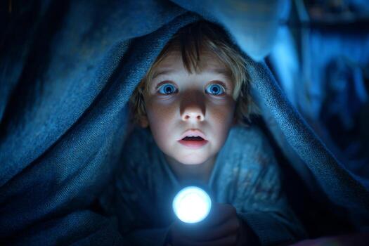un niño se sienta debajo un frazada, participación un Linterna mientras con los ojos muy abiertos con excitación. el habitación es tenuemente iluminado, creando un sentido de misterio y aventuras foto