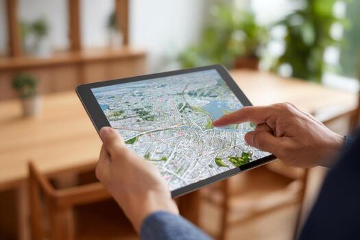 A person uses a tablet to interact with a digital map, focusing on route planning in a bright, inviting indoor location with wooden furniture and plants around photo