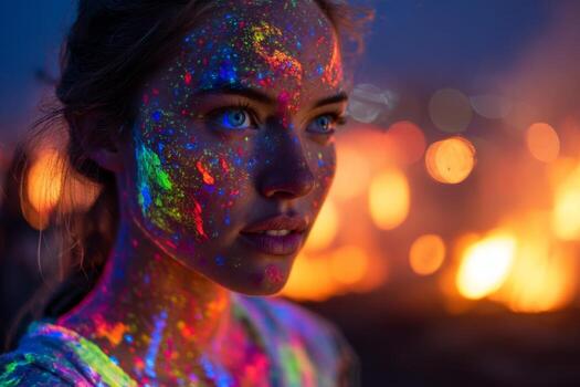 A young woman stands with colorful face paint that glows under the night sky. The atmosphere is lively, likely during a festive event, with warm lights in the background photo