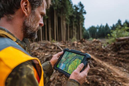 A man dressed in a safety vest examines a tablet screen in a forest. He looks focused while reviewing land features where recent logging occurred. Tall trees surround the area photo
