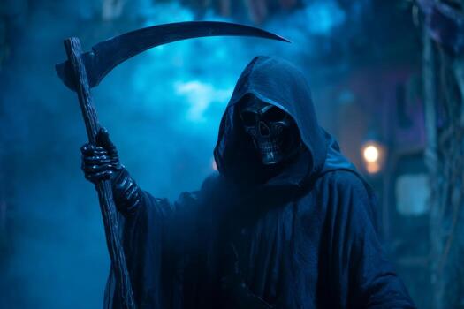 A shadowy figure dressed in a long black cloak stands still, gripping a large scythe. The surrounding fog creates a haunting scene, lit by dim blue lights, emphasizing the dark ambiance photo