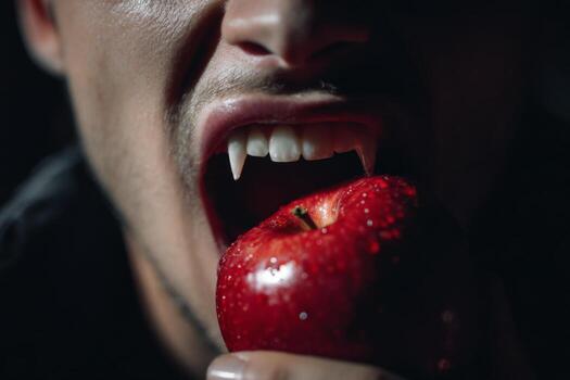 A man with sharp fangs grips a shiny red apple while preparing to take a bite. The scene is dimly lit, enhancing the mysterious and alluring look. The contrast highlights his features photo