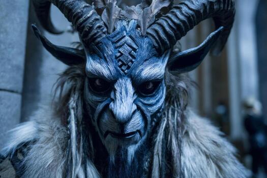 A person dressed as a mythical creature stands confidently in an ornate hall. The costume features intricate blue and white details, emphasizing the characters horns and fur elements photo