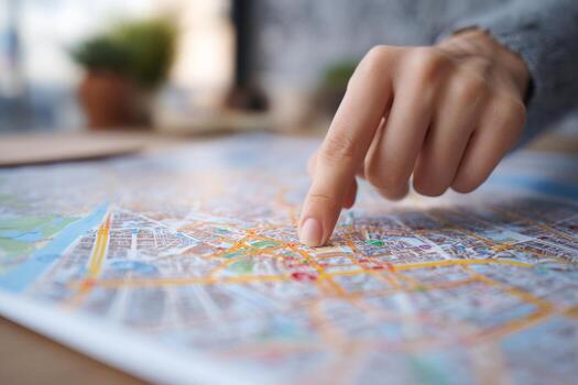 A hand is pointing at a city map spread on a table, highlighting streets and locations. Sunlight filters into the room, adding a warm atmosphere as the person plans their route photo