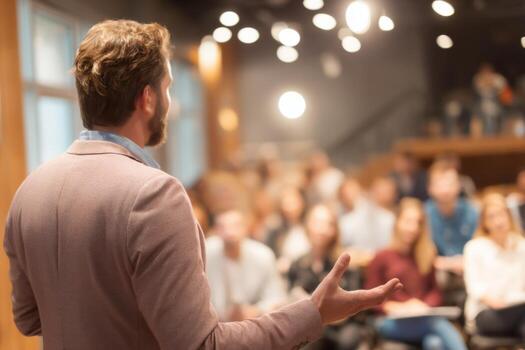A man speaks to a large audience in a contemporary conference setting. The crowd listens intently, creating an engaging atmosphere filled with anticipation and inspiration photo