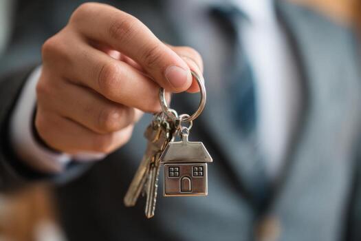 un hombre vestido en formal atuendo sostiene un conjunto de llaves con un en forma de casa llavero, representando el emoción de hogar propiedad durante un propiedad transacción foto