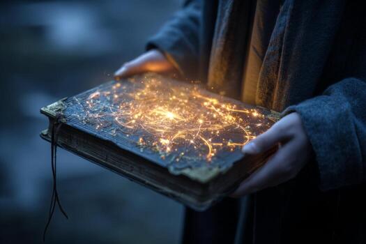 A cloaked figure stands in a dim environment, cradling an ancient book. The book emits a soft glow with cosmic patterns, creating a magical atmosphere in the twilight photo