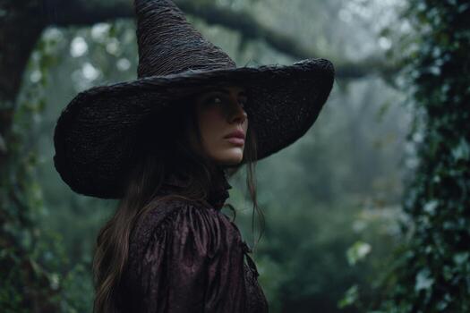 A woman with long hair wears a large, pointed hat while standing among tall trees and mist. The atmosphere is enchanting with shades of green and a touch of mystery around her photo